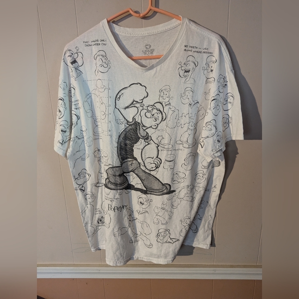 Popeye Liquid Blue T Shirt White Mens X-Large All Over Print Drawing - Picture 1 of 6